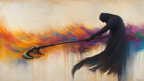 Hooded Figure with Scythe in Abstract Landscape