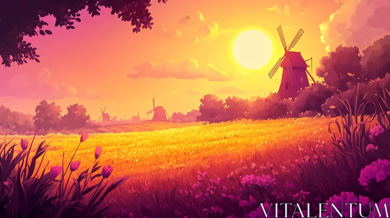 AI ART Windmills at Sunset over Flower Meadow