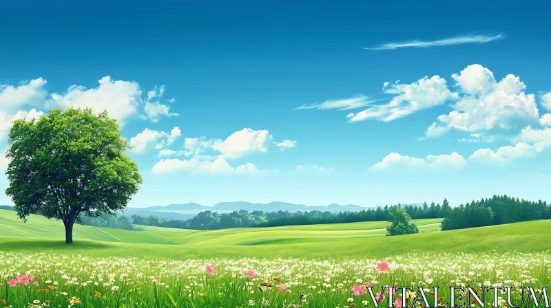 AI ART Serene Meadow with Wildflowers and Blue Sky