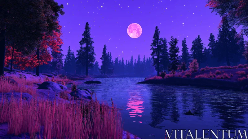 AI ART Serene Nighttime Forest with Full Moon