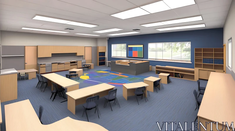 AI ART Modern Classroom Interior with Blue Accents