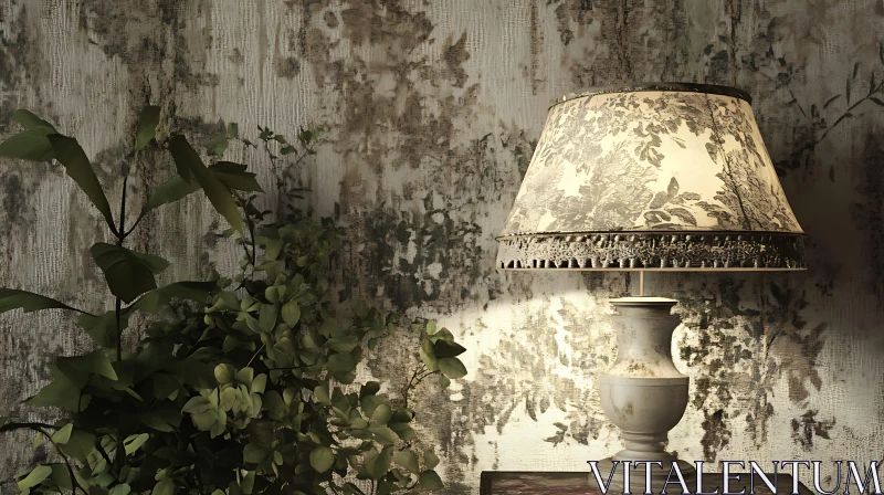 Serene Indoor Scene with Lamp and Greenery AI Image