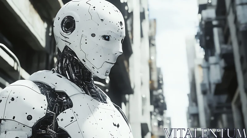 Futuristic Cyborg Amidst Cityscape AI Image