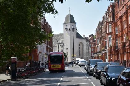 London Urban Scene with Church and Bus