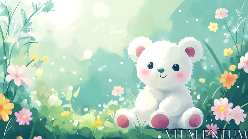 AI ART Charming Bear with Flowers Illustration