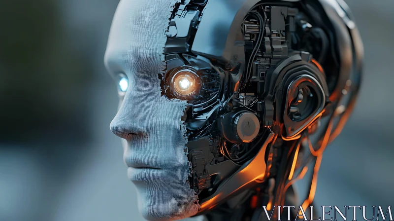 Detailed Cyborg Face with Human and Mechanical Components AI Image