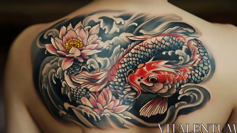 Vibrant Koi Fish with Lotus Back Tattoo AI Image