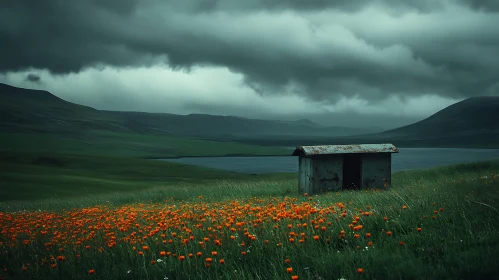 Rustic Hut in a Field of Flowers