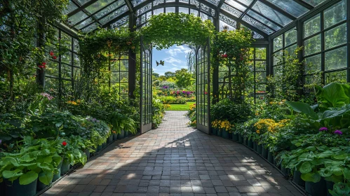 Lush Greenhouse Interior with Garden Vista