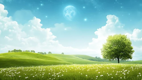 Lush Meadow with Tree and Moon