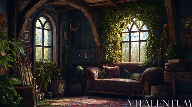 AI ART Vintage Room with Vines and Cozy Atmosphere