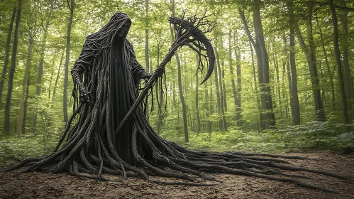 Dark Figure with Scythe in Forest