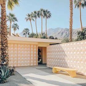 Minimalist Building with Palm Trees and Bench