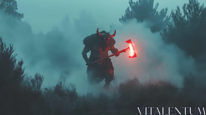 AI ART Horned Demon in Fog with Glowing Axe