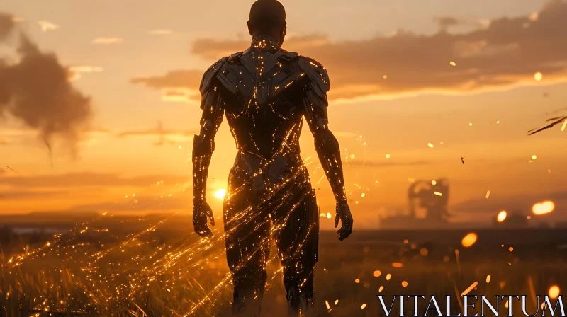 Sunset Cyborg Amidst Sparks in Field AI Image