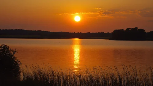 Peaceful Evening at the Lake with a Golden Sunset