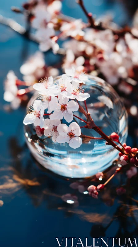 Cherry Blossoms Encircle Clear Bowl in Tranquil Water AI Image