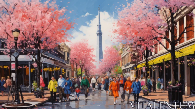 Contemporary Canadian Art - City Street with Cherry Blossoms AI Image