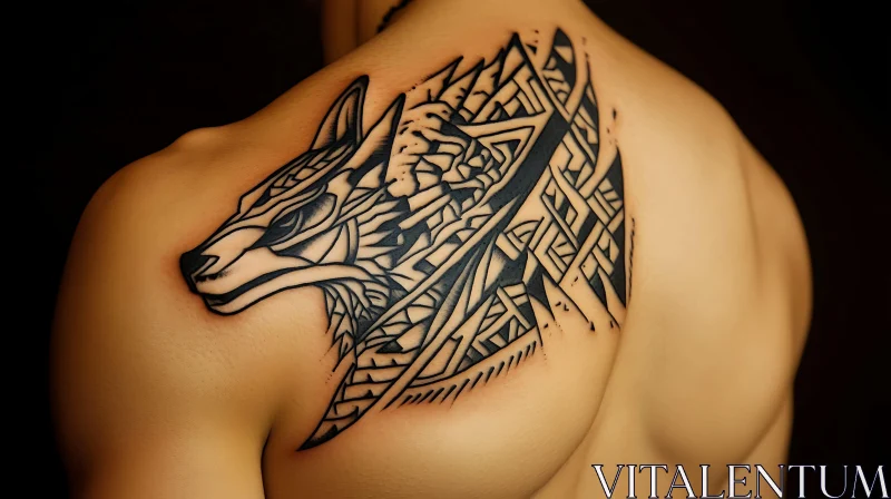 Geometric Tribal Wolf Tattoo on Upper Back AI Image