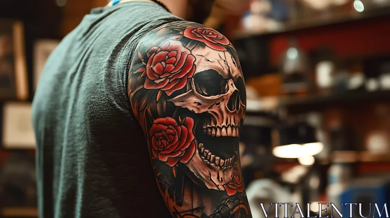 Intricate Skull and Roses Tattoo Art AI Image