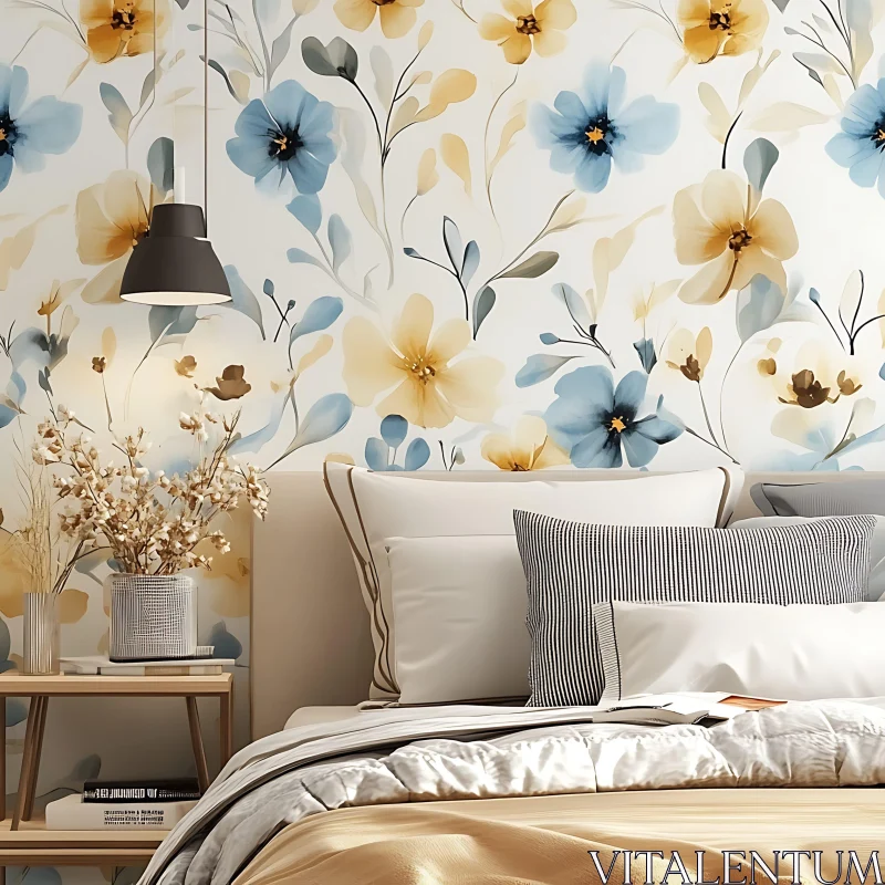 AI ART Serene Bedroom with Floral Wallpaper