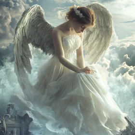 Angel in White Dress Among Clouds