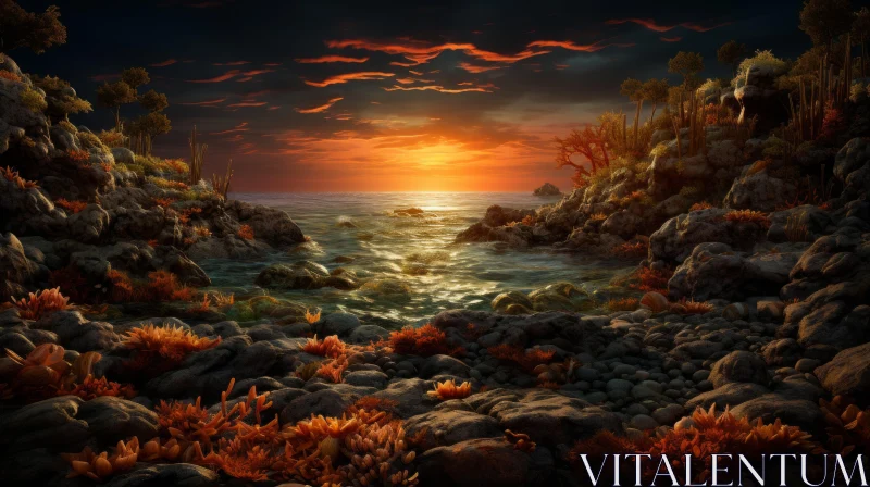 Enchanting Ocean Scene with Sunrise and Detailed Foliage AI Image