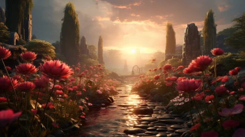 Enchanting Sunset Over Flower-Filled Stream - Artistic Landscape