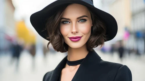 Portrait of a Beautiful Woman in a Black Hat and Coat