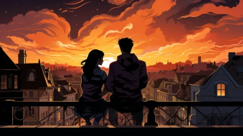 Romantic Sunset City View in Comic Art Style