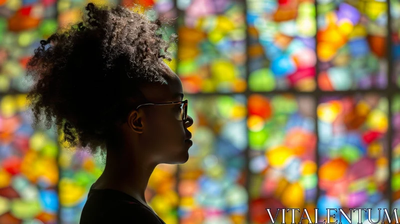 Serene Portrait of a Young African-American Woman in Front of a Stained Glass Window AI Image