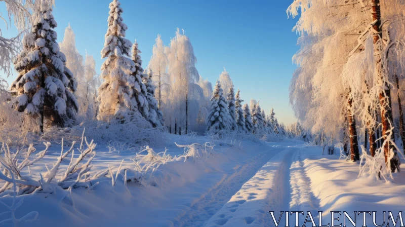 AI ART Snow Blanketed Forest Path: A Light-Filled Winter Landscape
