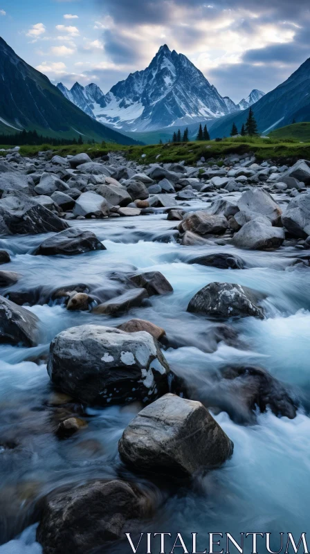 Tranquil River Flowing through Rocky Mountains - A Captivating Nature Scene AI Image