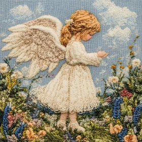 Embroidered Angel in Floral Meadow Art