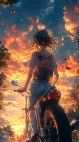 Evening Ride: Girl and Motorcycle Under Starry Sky