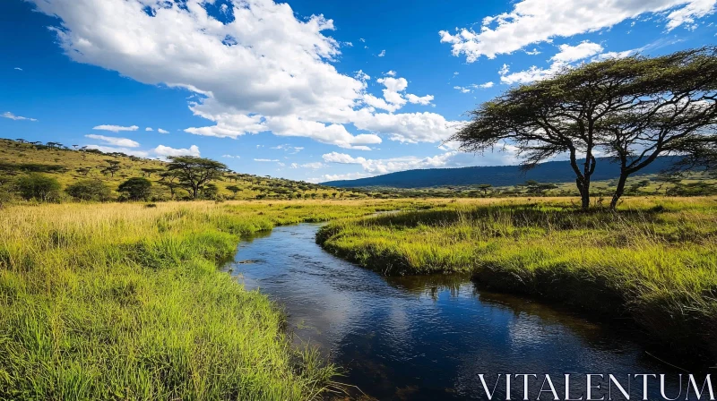 Tranquil Savanna with Flowing River and Trees AI Image