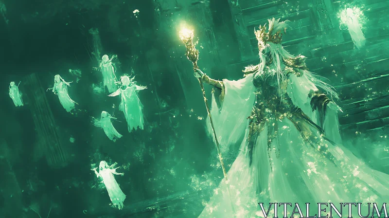 Queen of Spirits in Emerald Hues AI Image