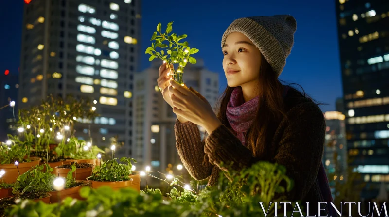 Nighttime Rooftop Garden Serenity AI Image