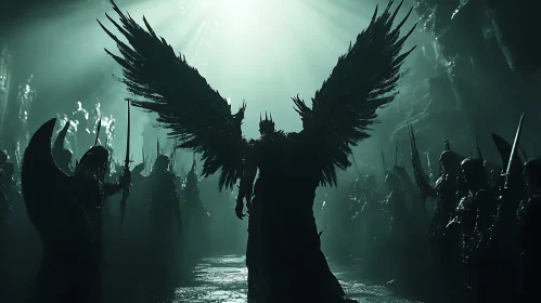 Winged Figure Leading Warriors in Darkness