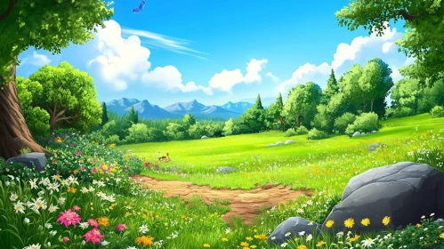 Picturesque Meadow Scene with Blue Sky