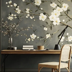 White Blossoms and Wooden Desk Still Life