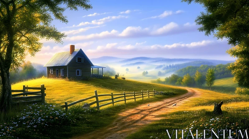 Idyllic Rural Scene with Cottage and Meadow AI Image