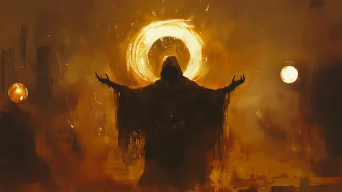 Hooded Figure in Golden Light Circle