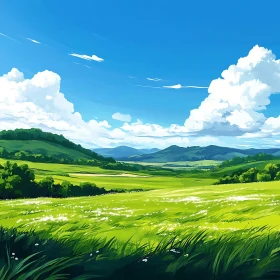 Lush Green Field and Distant Mountains