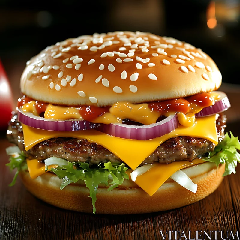 Mouth-Watering Cheeseburger with Fresh Toppings AI Image