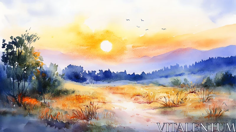 AI ART Serene Watercolor Sunset Field Art