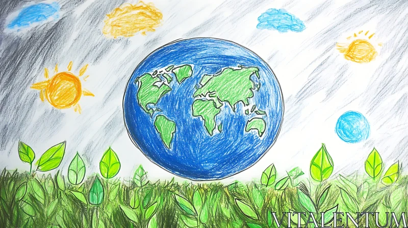 Whimsical Crayon Drawing of Earth and Nature AI Image