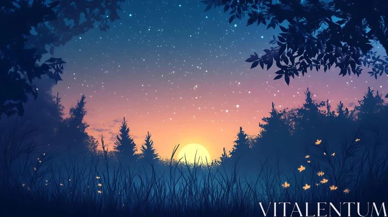 Serene Night Landscape with Fireflies and Sunset AI Image