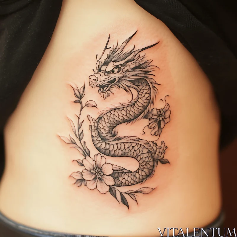 Intricate Dragon and Flower Tattoo Design AI Image