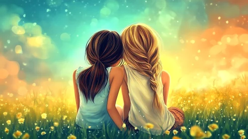 Girls in Meadow: A Bond of Friendship